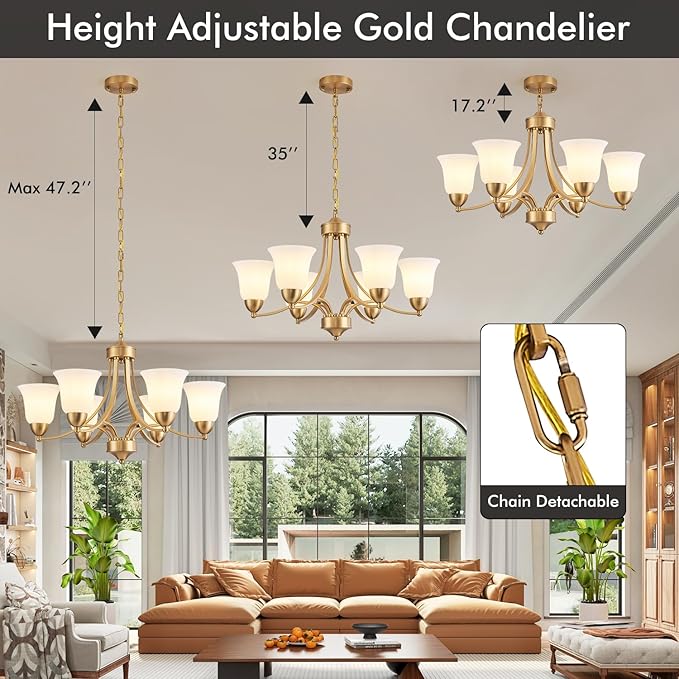 6-Light Gold Chandeliers for Dining Room with Frosted Glass Modern 47.2'' Ceiling Hanging Light Fixtures Classic Farmhouse Pendant Lighting for Kitchen Island, Dining Table, Adjustable Height