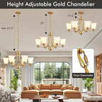 6-Light Gold Chandeliers for Dining Room with Frosted Glass Modern 47.2'' Ceiling Hanging Light Fixtures Classic Farmhouse Pendant Lighting for Kitchen Island, Dining Table, Adjustable Height