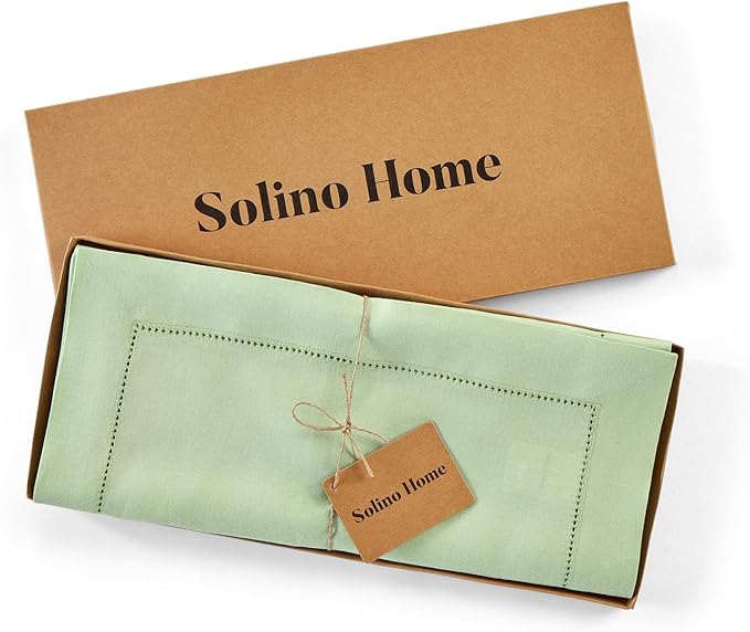 Solino Home Linen Light Green Hemstitch Table Runner 36 Inches - 100% Pure Linen Small Table Runner 14 x 36 Inch Ideal for Dresser and Coffee Tables - Classic Hemstitch