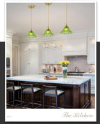 Vintage Glass Pendant Light，Green Flower Ceiling Pendant Light，Gold Adjustable Hanging Wire for Kitchen Island Dining Room Bedroom Hallway (9Inch - Green(B))