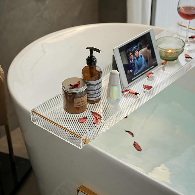 Bathtub Caddy Tray for Luxury Bathroom Bath tub Table Caddy Tray Shelf for Shower with Gold Handles fits All bathtubs