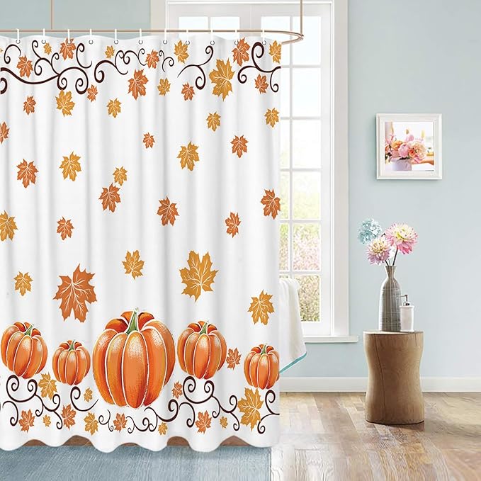 Vandarllin Fall Maple Leaves Shower Curtain, Thanksgiving Watercolor Pumpkins Shower Curtains Set with Hooks, Orange Waterproof Fabric Bathroom Decor Home Accessories,Stall 36 X 72 Inch