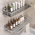 EVALAND Aluminum Shower Caddy, Adhesive Shower Shelves, 2-Pack with Hooks and Rod for Towels, No Drill Wall Mount Rustproof Premium Organizer for Bathroom, Kitchen, Silver