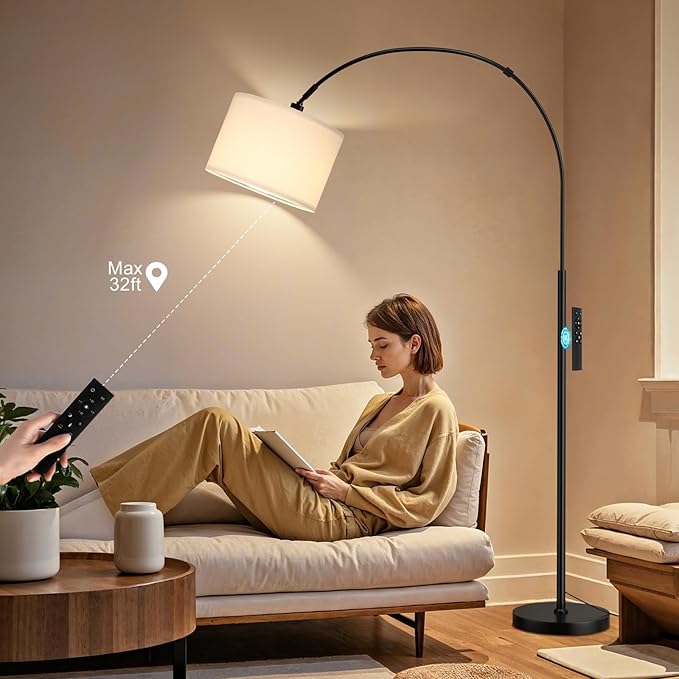 Ambimall Dimmable Arc Floor Lamp with Remote, Color Temperatures and Brightness Adjustable, Arched Floor Lamp with Rotating Head, Over Couch Arched Reading Light for Living Room (White and Black)