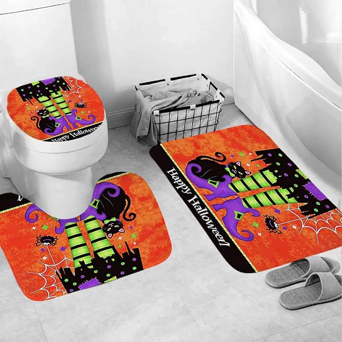 Halloween Bathroom Decor Set with Shower Curtain and Rugs, 4-Piece Witch Legs and Cat Design, Waterproof Polyester Curtain with Non-Slip Mats, Spooky Bath Set for Halloween Party