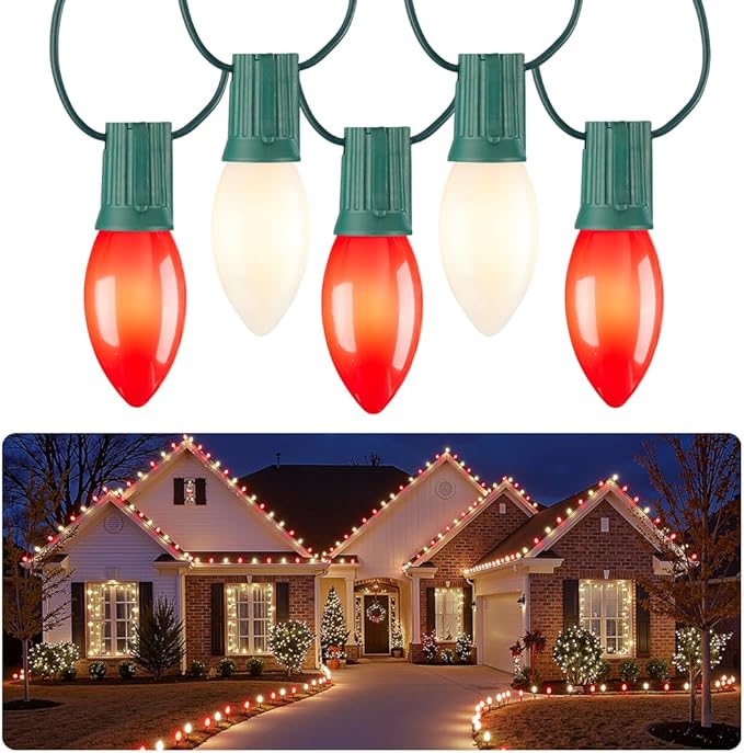 C9 LED Christmas Lights Outdoor, 50 FT 50 Red and Warm White Connectable C9 String Lights for Christmas Tree Patio Roofline Garden Backyard Holiday Party Indoor Outdoor Decoration, Green Wire
