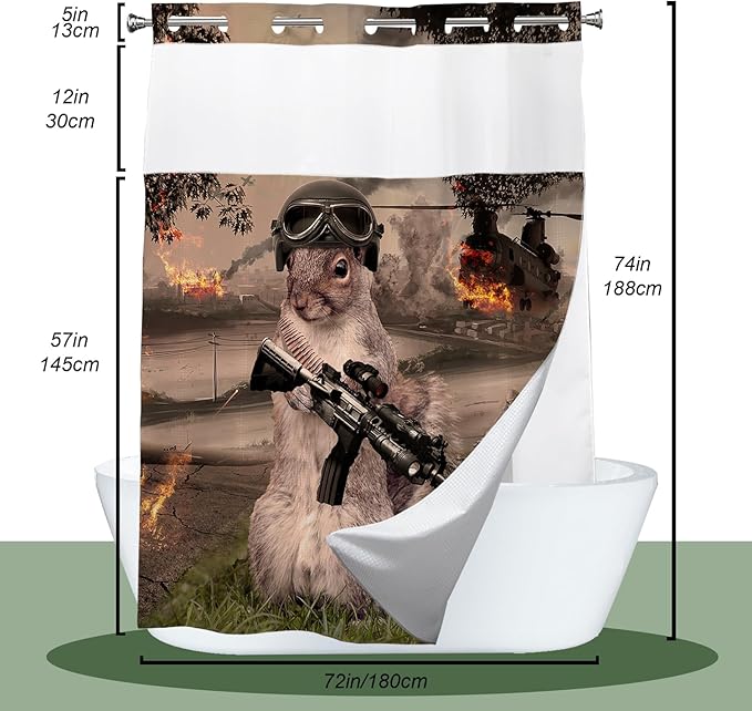 Cute Squirrel Shower Curtain Abstract Anime Theme Shower Curtain with Snap in Fabric Liner Set, Detachable Liner, See Through Mesh Top Window, Waterproof Washable 72" W x 74" H