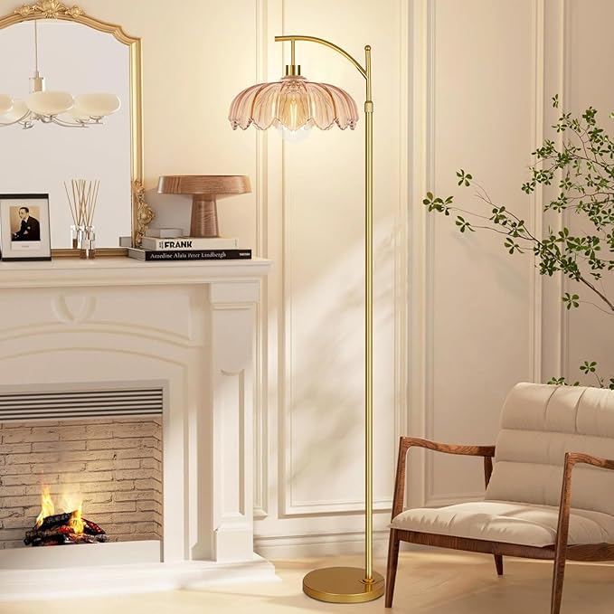 Floor Lamp for Living Room,Bedroom,Gold Dimmable Standing Lamp with Remote,Mid Century Modern Brass Retro Vintage Glass Tall Floor Light Boho Bohemian