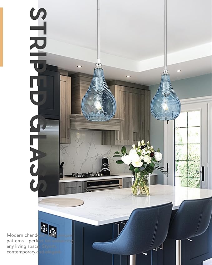 TENGXIN 6 Inch Mini Hanging Light for Kitchen Island,Kitchen Pendant Lighting Over Island,Brushed Nickel Finished Blue Glass Pendant Light,Farmhouse Pendant Light for Dining Room