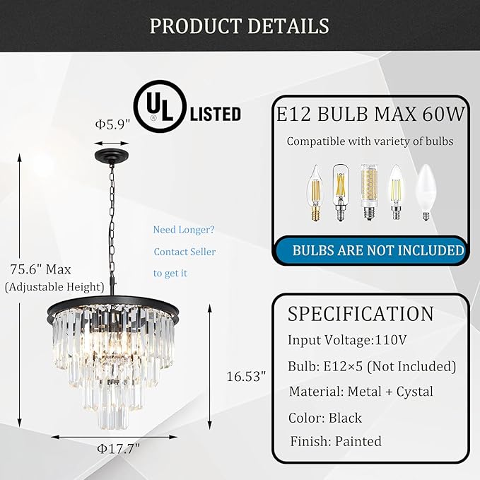 Black Crystal Chandeliers for Dining Room, 4-Tier 5 Lights Modern Chandelier Contemporary Luxury Top K9 Crystal Ceiling Pendant Light Fixture for Foyer Kitchen Bedroom Closet 18"
