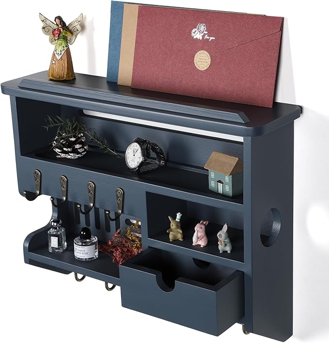 DOPACE Key Holder for Wall, Mail and Key Holder, Mail Organizer Wall Mount with Storage Drawer and 10 Hooks, Easy Installation Keys Holder on Wall, Gray