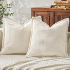 Mecatny Corduroy Throw Pillow Covers 26x26 Set of 2, Neutral Decorative Soft Boho Couch Pillow Covers with Broadside for Sofa Living Room, Cream White