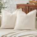 Mecatny Corduroy Christmas Throw Pillow Covers 18x18 Set of 2, Neutral Decorative Soft Boho Couch Pillow Covers with Broadside for Sofa Living Room, Cream White