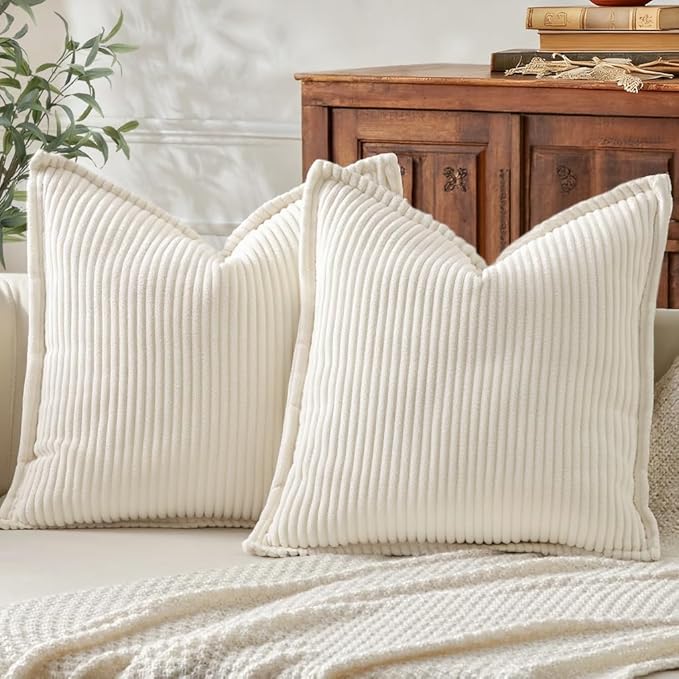 Mecatny Corduroy Throw Pillow Covers 20x20 Set of 2, Neutral Decorative Soft Boho Couch Pillow Covers with Broadside for Sofa Living Room, Cream White