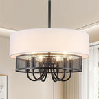 6-Light Modern Drum Chandelier for Dining Room,18'' Large Drum Pendant Light with Fabric, 2-Layer Farmhouse Chandeliers for Bedroom Dining Room Foyer Kitchen Hallway Island