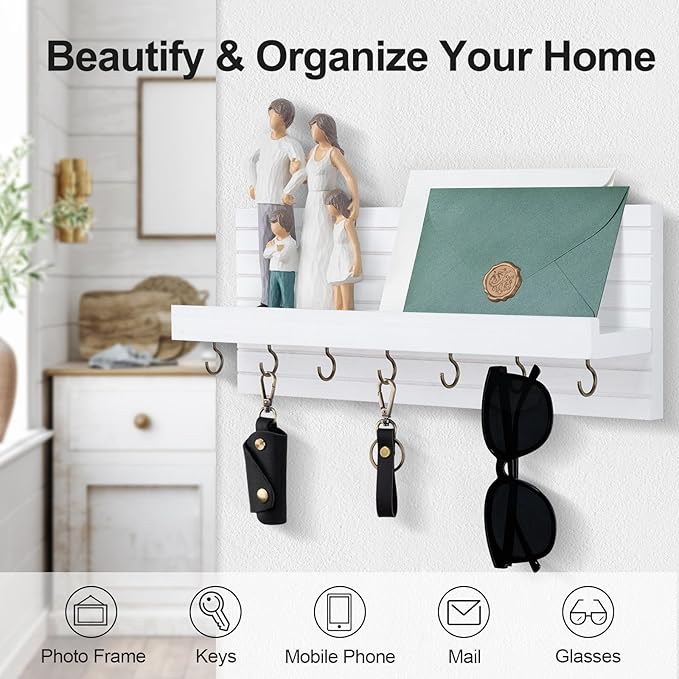 Key Holder Wall Mount, Entryway Mail Organizer with Shelf, Decorative Key Hanger with 7 Hooks Holds Leashes and Glasses, Includes Mounting Hardware (13.8” x 5.3” x 3.2”)