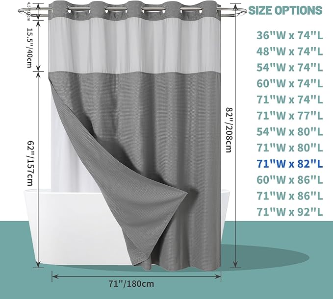 Grey No Hook Waffle Weave Shower Curtain with snap-in Liner Replacement, 230GSM Waterproof Fabric Hotel Shower Curtain Set for Bathroom, Through Mesh Top Window,71Wx82H