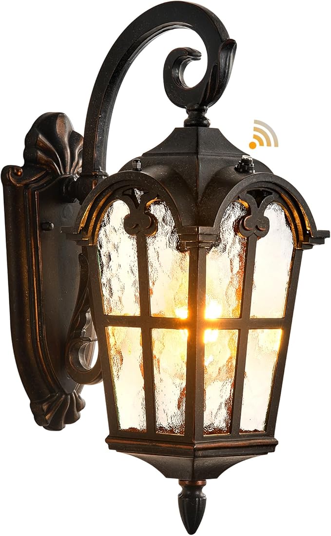 VIANIS Exterior Lighting Fixtures, Large Size Oil Rubbed Bronze Outdoor Wall Lights Dusk to Dawn, Waterproof Outdoor Light Fixtures Wall Mount with Tempered Water Ripple Glass for Patio, Entryway
