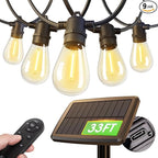 addlon 33FT (27+6) Solar String Lights for Outside Outdoor Waterproof with USB Port & Remote Control Solar Patio Lights Last for 20+Hrs Dimmable Solar Power LED Bulbs Hanging for Porch Garden Bistro