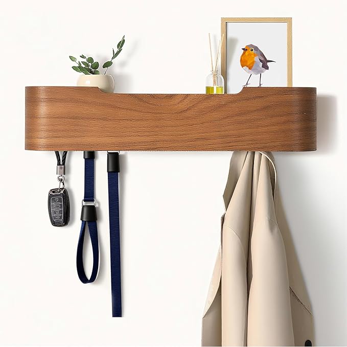 Coat Hooks Wall Mount with Shelf, 4 Hidden Hooks, 16.5 Inch Entryway Organizer for Coats, Hats, Bags, Keys, Decorative Wall Hooks (Brown, 4 Hooks)