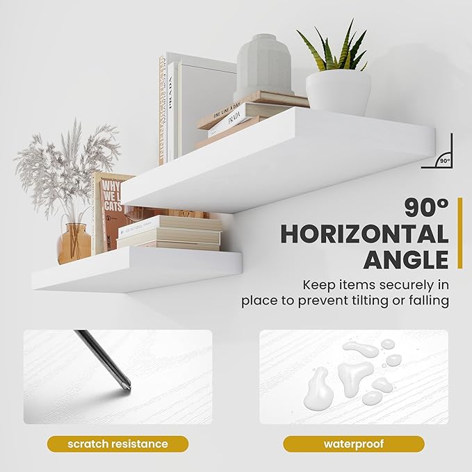 40 Inch Floating Shelves, 9.3" Deep Floating Shelf Wall Mounted, 40" Wall Shelves, Rustic Deep Bookshelf, Large Display Shelves & Storage Shelves for Bedroom, Living Room, White, Set of 2