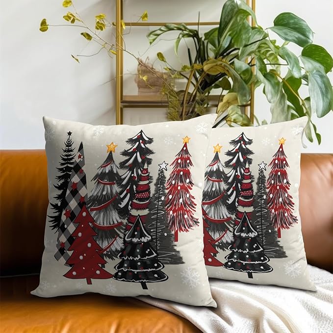 Christmas Trees Throw Pillow Covers 20x20 Set of 2,Red Black Buffalo Plaid Xmas Tree Decorative Pillow Cases Cushion Cover for Farmhouse Bed Couch Living Room Outdoor Car