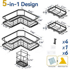 YASONIC Corner Shower Caddy Organizer, 5-Pack Adhesive Rustproof Stainless Steel Shower Shelves with Soap Holder, No Drilling Shower Storage Rack for Family Renters Bathroom, Black