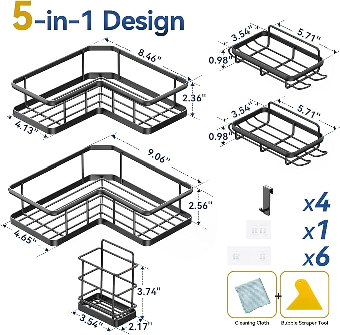 YASONIC Corner Shower Caddy Organizer, 5-Pack Adhesive Rustproof Stainless Steel Shower Shelves with Soap Holder, No Drilling Shower Storage Rack for Family Renters Bathroom, Black