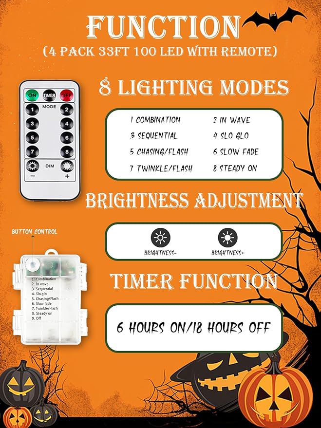 4 Pack 100 LED Halloween Fairy Lights Battery Operated with Remote, 33FT Waterproof Twinkle Lights with Timer & 8 Modes, Fairy String Light Outdoor Indoor for Bedroom Classroom DIY Decor (Purple)