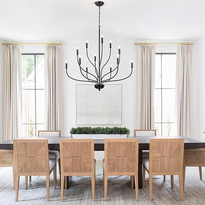 12-Lights Black Farmhouse Chandelier for Dining Room, 34 Inch Large Chandeliers for High Ceilings Foyer Modern Pendant Light Fixture for Living Room Entryway Hallway Kitchen Island E12