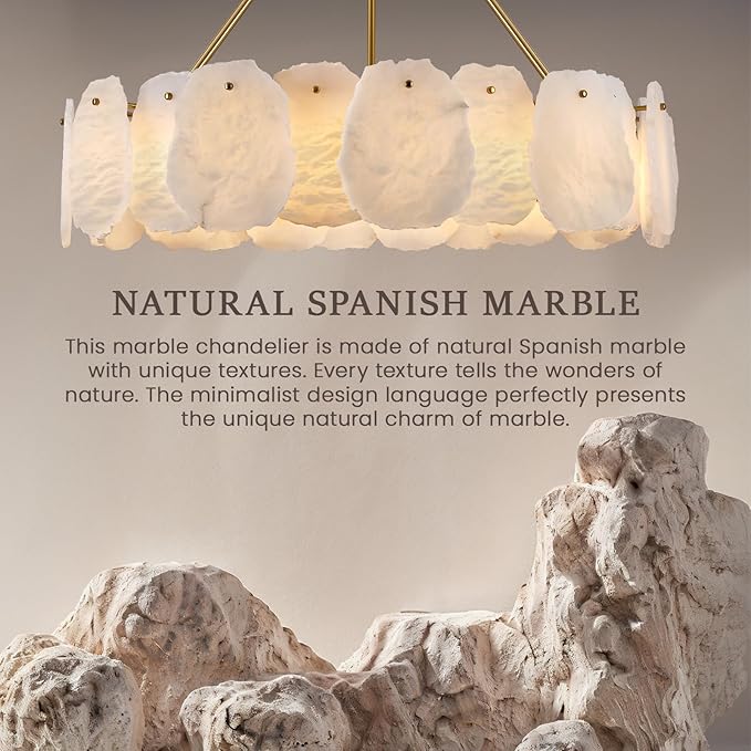 Round Alabaster Chandelier, 32in Spanish Marble Chandeliers for Dining Room, Alabaster Modern Chandeliers for Living Room, Adjustable Gold Chandelier for Bedroom, Bathroom, Kitchen, Foyer, Entryway