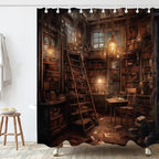 Vintage Medieval Library Shower Curtain Antique Room for Study Theme Bathroom Bathtubs Fabric Shower Curtain Set with 12 Hooks 60x72 inches Polyester Machine Washable, Yellow and Black