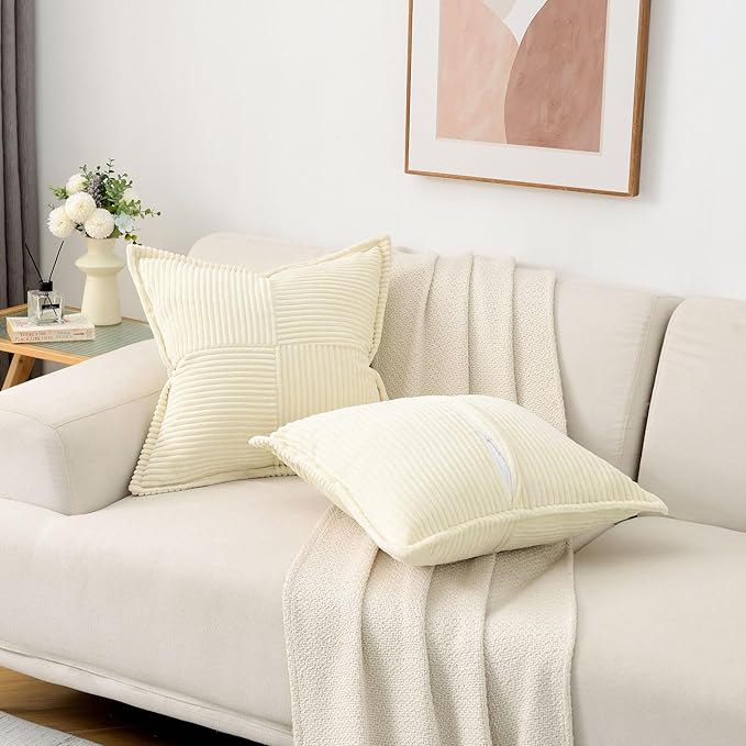 HAUSSY Beige Throw Pillow Covers 20x20 Inch Set of 2,Soft Solid Corduroy Striped/Wide Bordered,Square Decorative Cushion Case,Spring Home Decorations for Couch,Bed