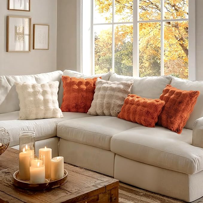 MIULEE Pack of 2 Decorative Pillow Covers Fall Thick Soft Plush Faux Fur Throw Pillows Luxury Home Decor for Couch Bedroom Living Room Sofa,18x18 Inch Rust