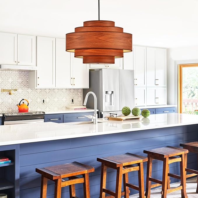 Farmhouse 26" Large Drum Wooden Chandelier Vintage 6-Lights Chandelier with Wooden Finish Linen Shade Retro Drum Chandeliers for Dining Room, Kitchen Island, Living Room, Bedroom