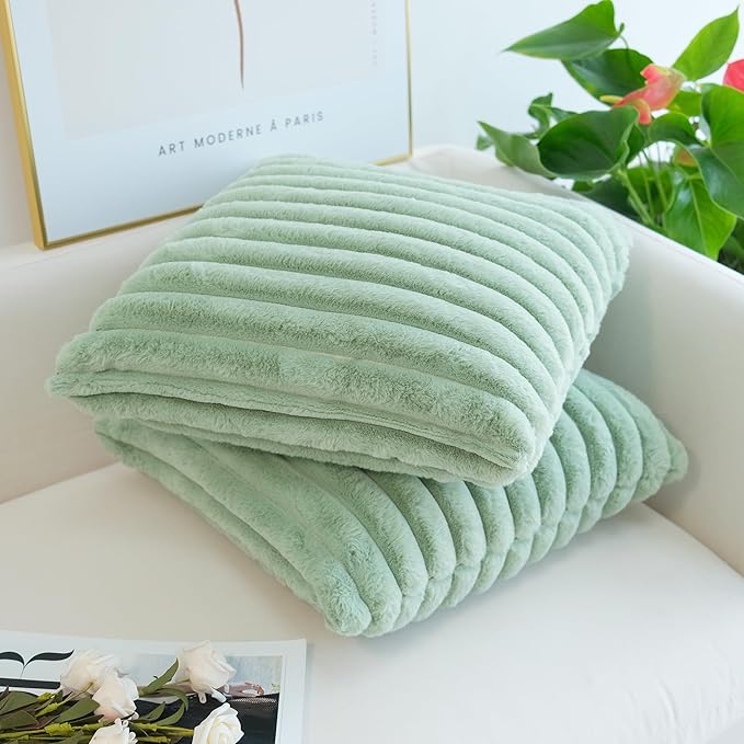 JOJUSIS Pack of 2 Faux Fur Plush Decorative Throw Pillow Covers Couch Cushion Case Soft Pillowcases (Sage Green, 18 x 18-Inch)