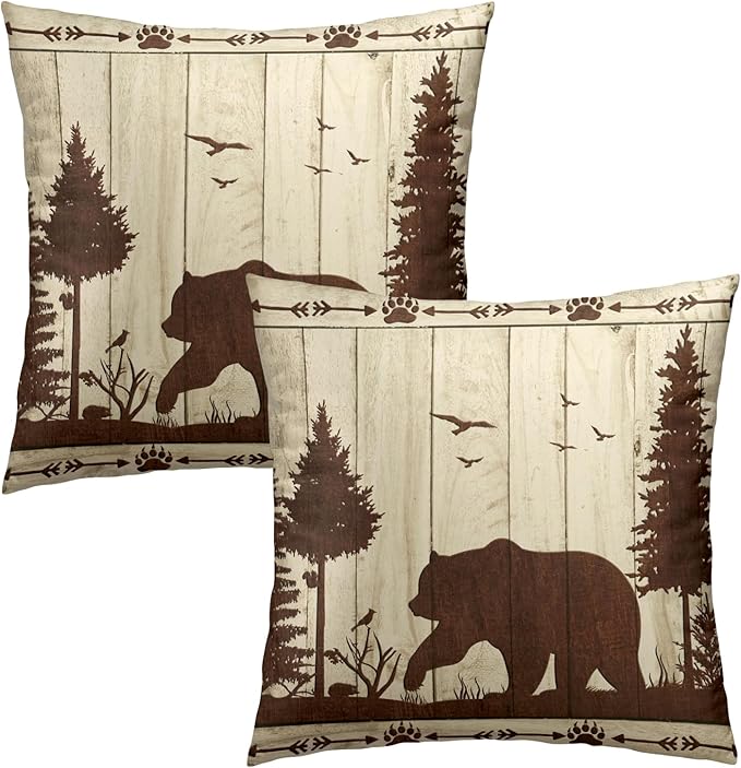 Bear Throw Pillow Covers Set of 2, 20x20 in Wild Animal Mountain Wood Cabin Cotton Square Throw Pillow Case Decorative Cushion Cover Pillowcase Sofa Camper