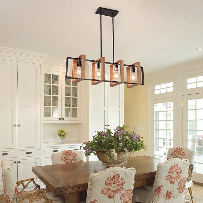 Dining Room Light Fixture Farmhouse Pendant Lights Kitchen Island Rustic Kitchen Light Fixtures 4 Lights Wood and Black Metal Rectangular Chandelier Ceiling Hanging Lighting 35.4"