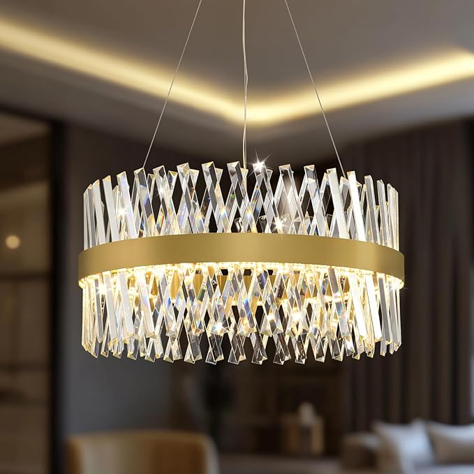 Modern Crystal Chandeliers, Crystal Chandelier for Dining Room, 24 Inch Round Gold Chandelier. Suitable for Living Rooms, Kitchens, bedrooms, and Entrance Halls. Elegant Chandeliers.