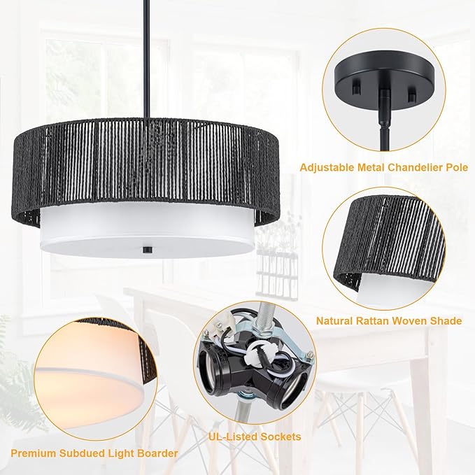 18'' Farmhouse Rattan Chandeliers for Dining Room,3-Light Boho Light Fixtures Rattan Pendant Light Fixture with Fabric Shade Drum Chandeliers for Bedroom Dining Room Foyer Kitchen Hallway（Black）