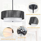 18'' Farmhouse Rattan Chandeliers for Dining Room,3-Light Boho Light Fixtures Rattan Pendant Light Fixture with Fabric Shade Drum Chandeliers for Bedroom Dining Room Foyer Kitchen Hallway（Black）