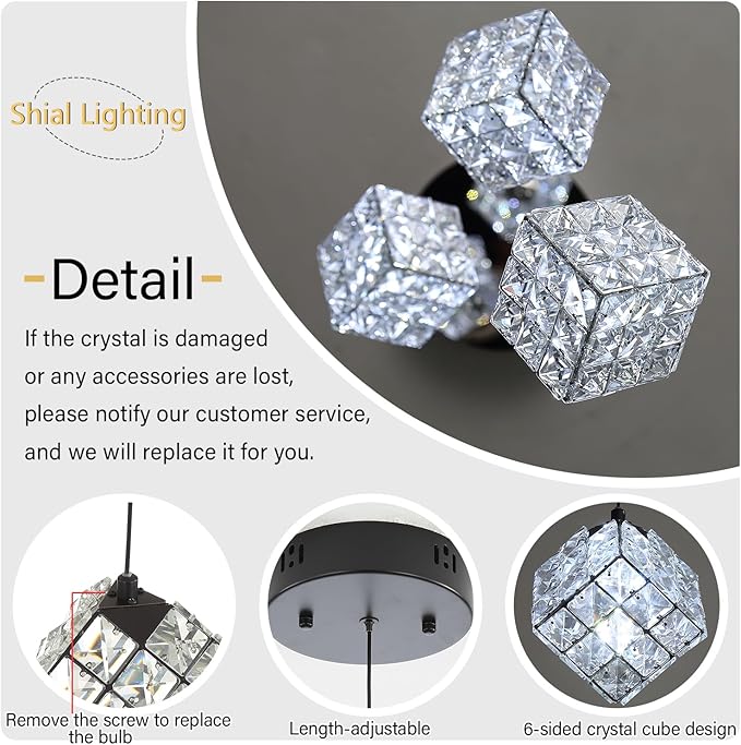 3-Lights Pendants Lightfor Kitchen lsland Chandeliers Dining Room,Square Entryway Light Fixture Hanging Adjustable Height Black Crystal Chandeliers for Bedroom Hallway Foyer