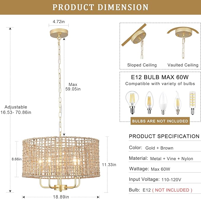 Hand Woven Rattan Chandelier 5 Lights Large Gold Farmhouse Chandelier with Wicker Shade Rustic Boho Pendant Light Fixtures Drum Chandeliers for Dining Room Kitchen Living Room Foyer Entryway Hallway