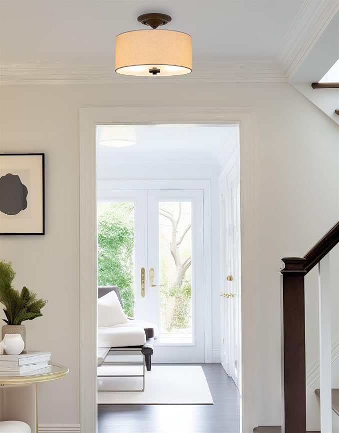 Kira Home Addison 13" 2-Light Semi-Flush Mount Ceiling Light Fixture with Off-White Fabric Drum Shade, Bronze Finish