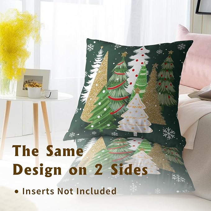 Christmas Throw Pillow Covers 20x20 Set of 2, Gold Green Xmas Trees Decorative Throw Pillows Seasonal Winter Soft Cotton Cushion Case for Sofa Couch Farmhouse Home Decor