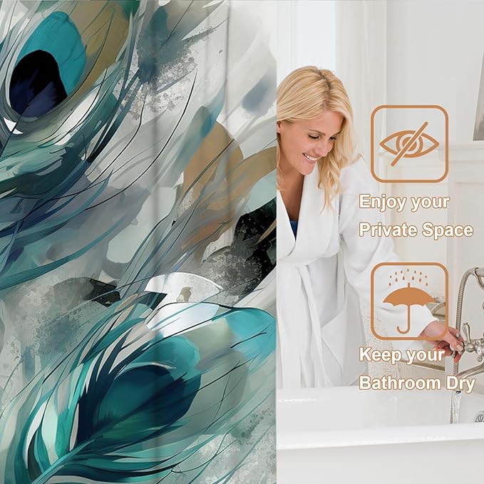 Vintage Peacock Feathers Stall Shower Curtain Modern Watercolor Peafowl Feather Shower Curtain Set with 6 Hooks 36x72 inch Polyester Machine Washable, Blue Grey and White