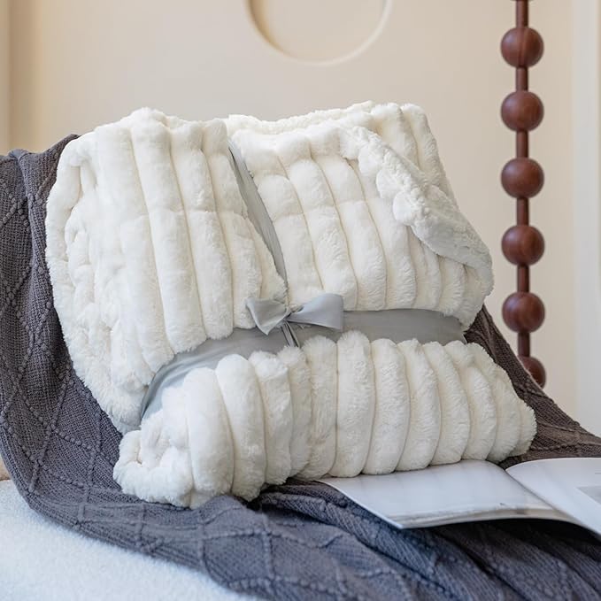 MOSAYT Super Soft Faux Rabbit Fur Blanket, Elegant Ruched Design, White, 60x80 Inch - Perfect for Couch, Sofa, or Bed