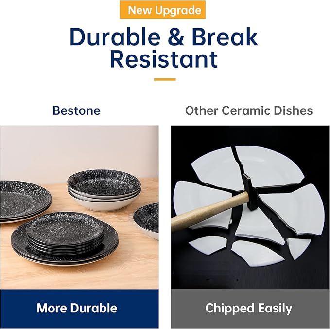 Bestone Plates and Bowls Sets,12 Pieces Round Porcelain Dinnerware Sets,Dishes, Plates, Dishware Sets,Chip Resistant Ceramic Dish Set Dining Dinner Ware Service for 4,Starry Sky Black