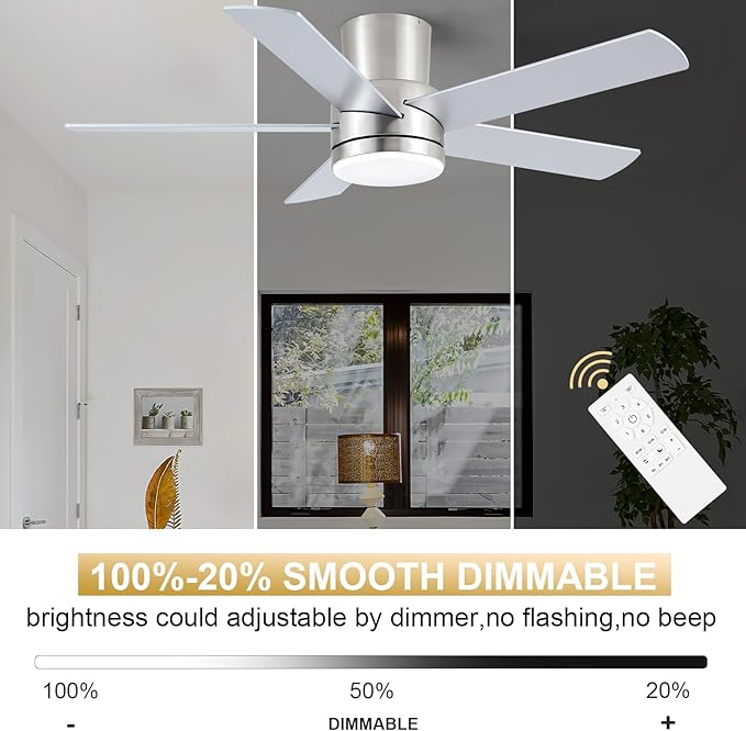 YUHAO 44 Inch Flush Mount Brushed Nickel Ceiling Fan with Light and Remote Control.Noiseless,Dimmable,3CCT,6 Speeds Reversible, Low Profile DC Ceiling Fans for Indoor Use