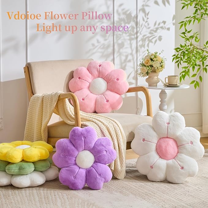 Flower Throw Pillow, Cute Daisy Cherry Blossom Flower Shaped White Throw Pillow 15.7In Floor Cushion for Home Bedroom Sofa Chair Couch Decor
